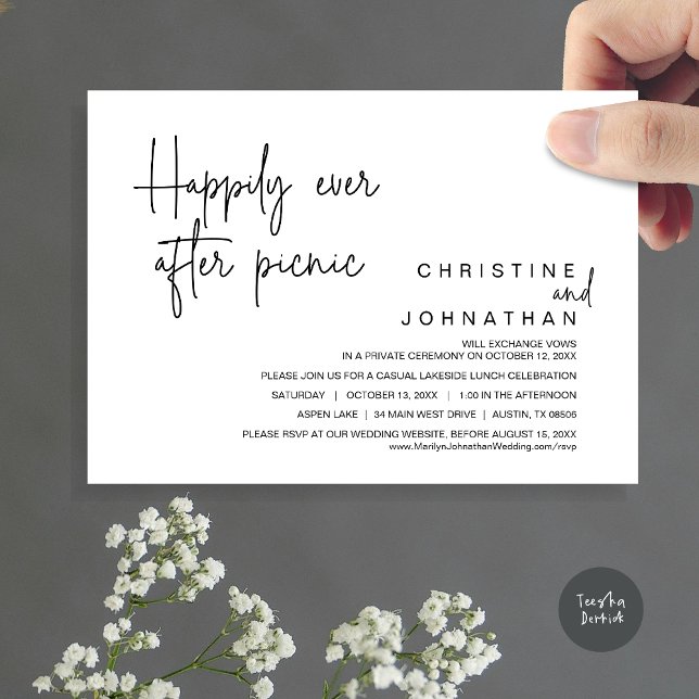 Lyckligtvis efter Picnic, Bröllop Elopement Inbjudningar (Happily Ever After Picnic, Wedding Celebration Invitation Card, PDF, in Black and White)