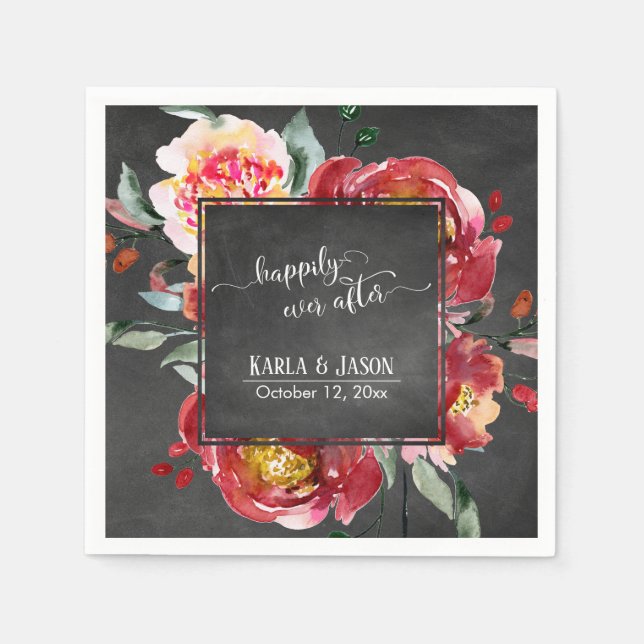 Lyckligtvis efter Red Flower Bouquet Chalkboard Pappersservett (Framsidan)
