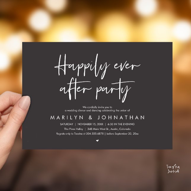 Lyckoaftonfest, Bröllopsmiddag Dans Inbjudningar (Happily Ever After Party, Wedding Dinner Dancing Invitation Card in Charcoal Grey)