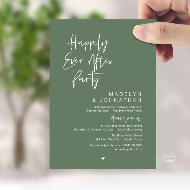 Lyckoaftonfest, Modern Bröllopsmottagning Inbjudningar (Happily Ever After Party, Modern Wedding Reception Dinner Invitation card in sage green)