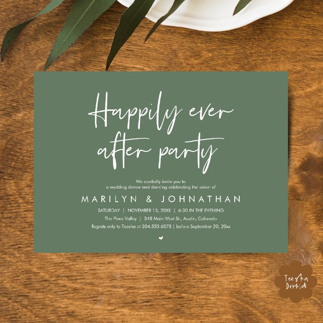 Lyckoåterfest, Bröllopsmiddag Dans Inbjudningar (Happily Ever After Party, Wedding Dinner Dancing Invitation Card in Sage Green)