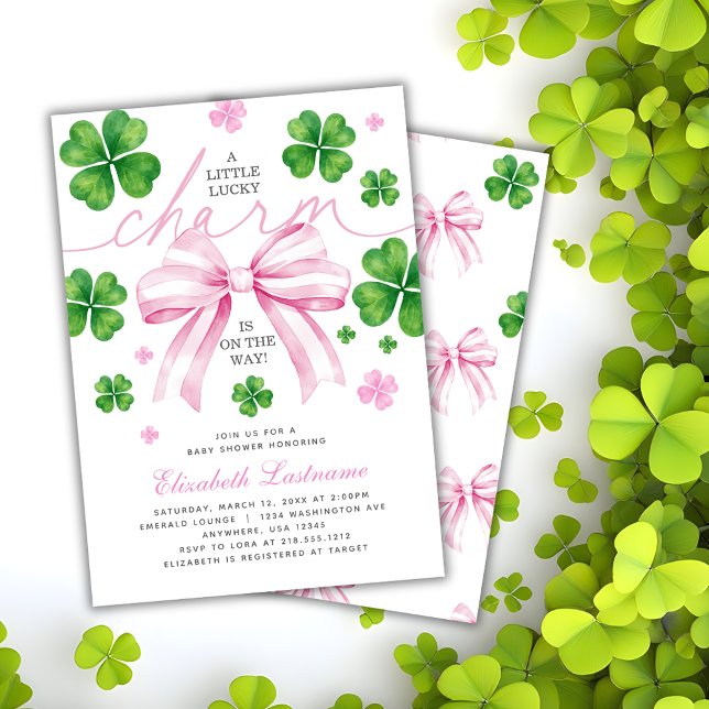 Lyckobringande Rosa Babyshower-inbjudan Inbjudningar (Pink Bow Lucky Charm Baby Shower Invitation)