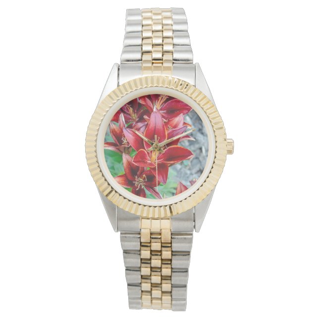 Lyckolilia – Vibrant Röd Blomma Armbandsur (Framsida)