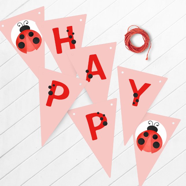 Lyckönskningsbanner med rosa nyckelpiga vimplar (Ladybug Happy Birthday Hanging Banner in Red, Black, White and Salmon Pink)