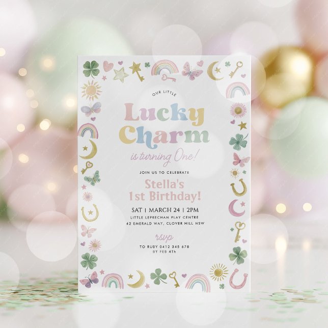 Lyckotal 1-årsdag St Patricks Day Regnbåge Inbjudningar (Lucky Charm! St Patrick's Day 1st birthday invitation in pastel colours. )