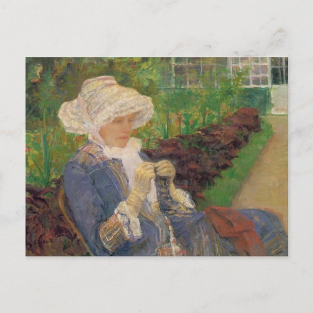 Lydia Crocheting i Marlys trädgård, Mary Cass Vykort (Framsida)