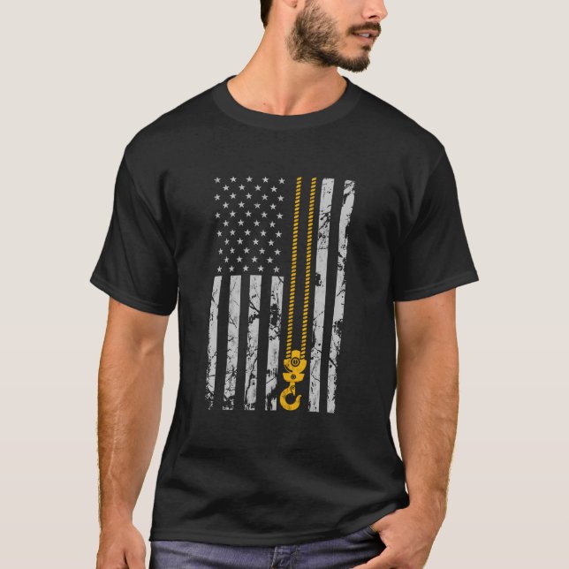 Lyft Krok Thin American Flagga Crane Operator T Shirt (Framsida)