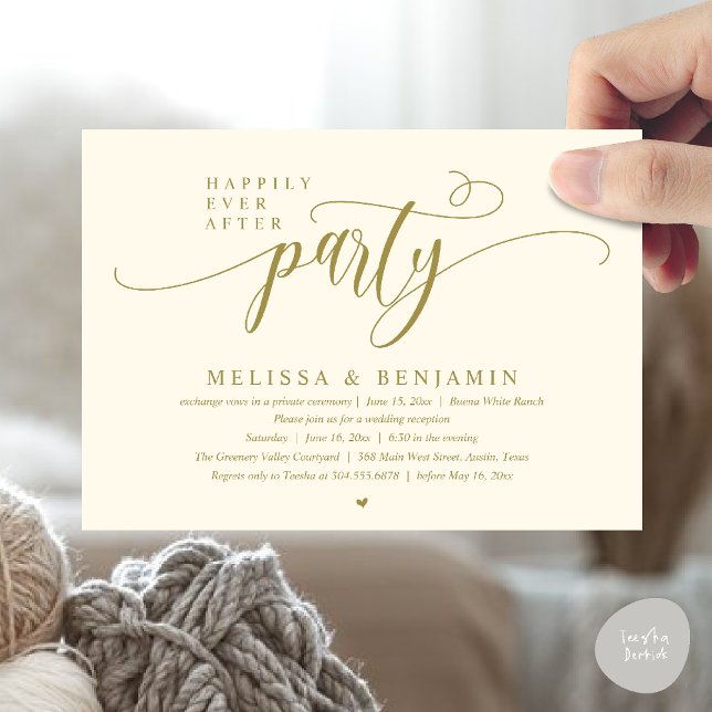 Lykkelig Alla Tiders Fest, Modern Minimalistisk Mo Inbjudningar (Happily Ever After Party, Reception Modern Minimal Invitation Card in Yellow Gold)