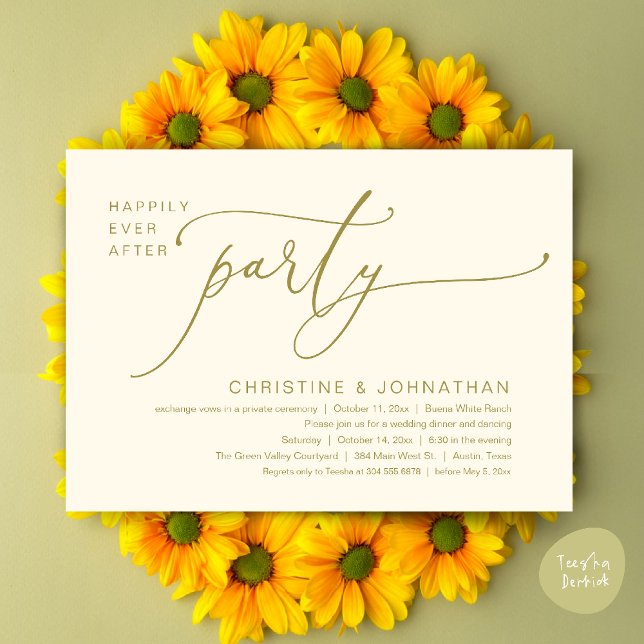 Lykksalighet Efter Bröllops Middag Fest Dans Inbjudningar (Happily Ever After Romantic Wedding Dinner Party Dancing Modern Clean Invites Card PDF Yellow Gold)