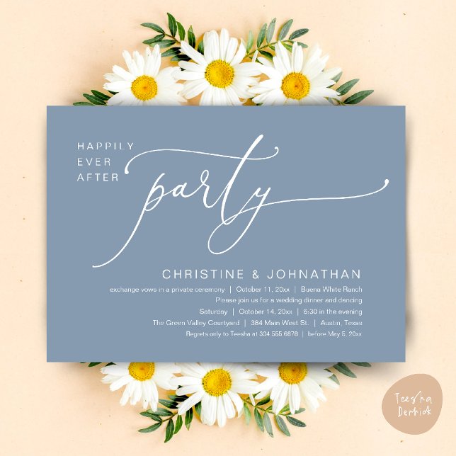 Lykksalighet Efter Bröllops Middag Fest Dans Inbjudningar (Happily Ever After Romantic Wedding Dinner Party Dancing Modern Clean Invites Card PDF Dusty Blue)