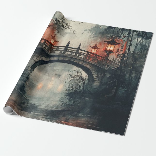 Lykta Bro Månljust Akvarell Presentpapper (Utrullad)