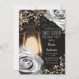 Lykta i Rustic Glow Silver Grey Rosor Söt 16-årsda Inbjudningar