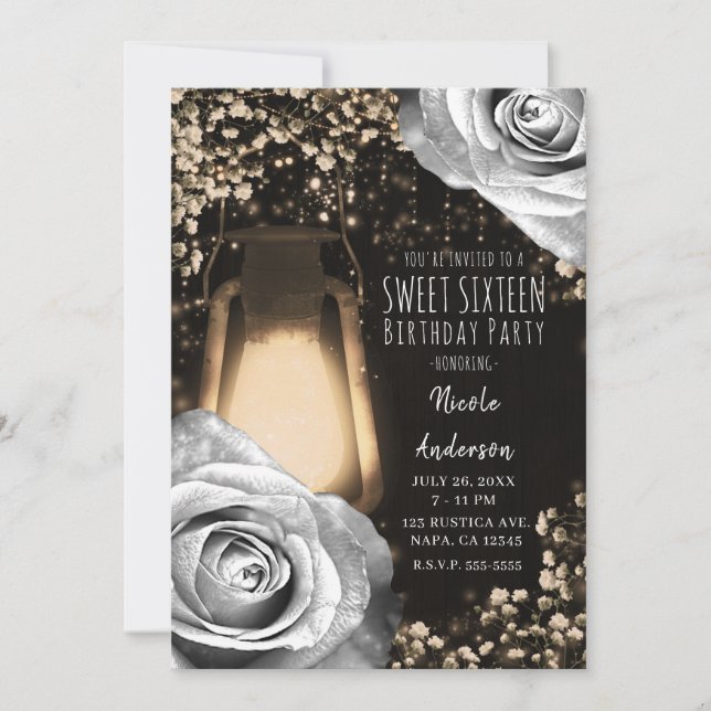 Lykta i Rustic Glow Silver Grey Rosor Söt 16-årsda Inbjudningar (Framsida)