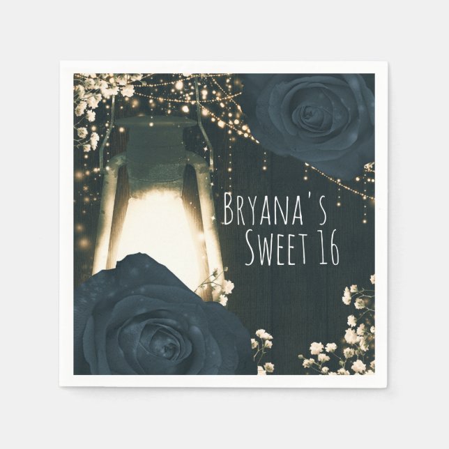 Lykta i Rustik Stil Ljusblå Svarta Rosor Bröllop Pappersservett (Framsidan)