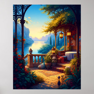 Lyktor på den lysande terrassen poster