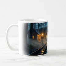 Lyktsken genom skogstunnel-mugg