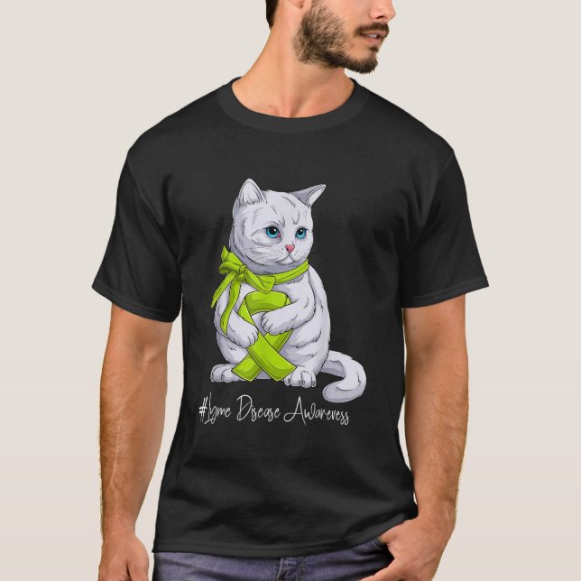 Lyme Disease Awareness Month Lime Green Ribbon Cat T Shirt (Framsida)