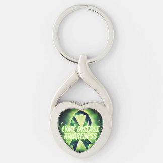 Lyme Disease Awareness Ribbon Designat Twisted Heart Silverfärgad Nyckelring
