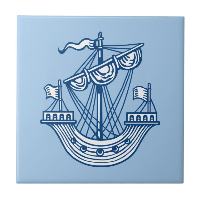 Lymphad (Heraldic Frakt) - Indigo Stil Blue Kakelplatta (Framsidan)