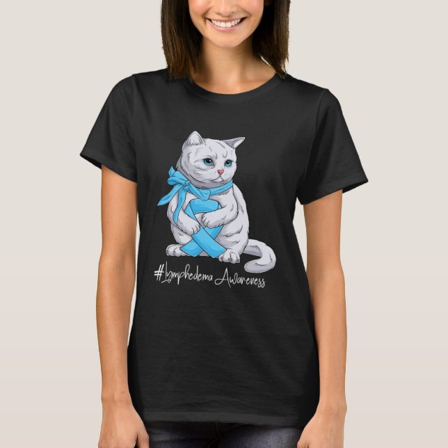 Lymphedema Awareness Month Light Blue Ribbon Cat T Shirt (Framsida)