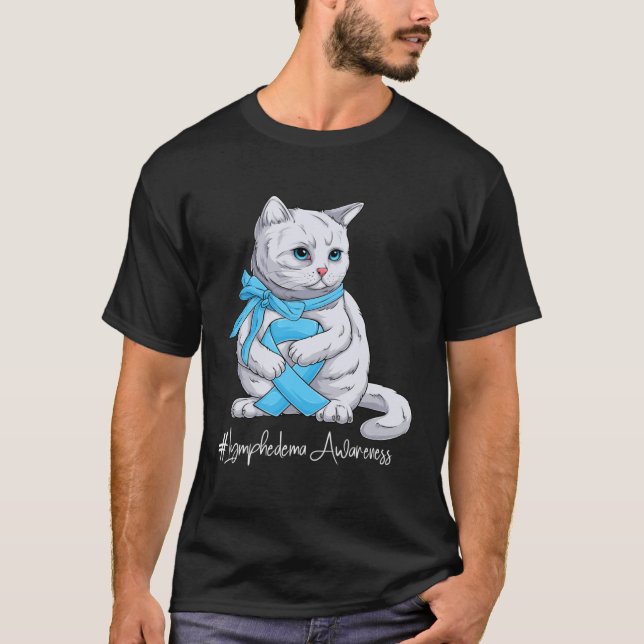 Lymphedema Awareness Month Light Blue Ribbon Cat T Shirt (Framsida)