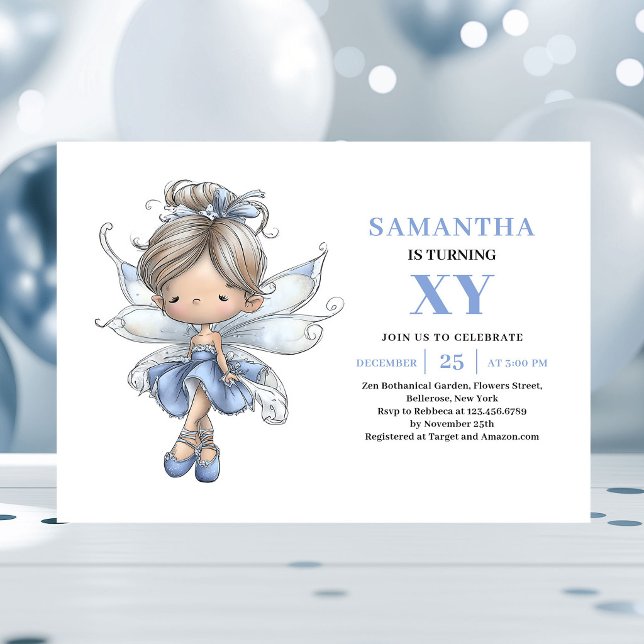 Lynisk blå älvflicka 1-års födelsedag pastell inbjudningar (little girl birthday fairy invitation,
whimsical funny colorful playful,
blue fairy toddler digital )