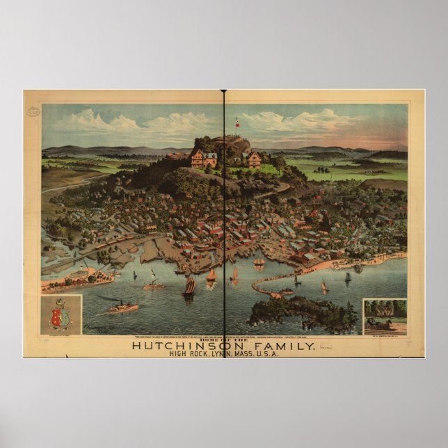 Lynn Massachusetts 1881 Antique Panoramic Karta Poster (Framsidan)