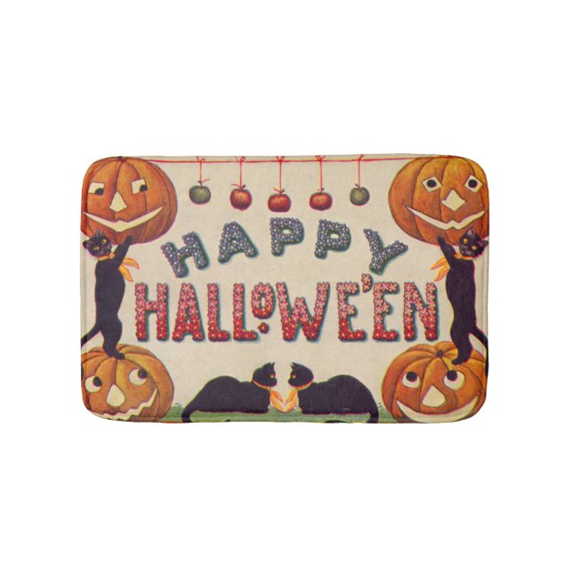 Lynnande Jack O Lantern Pumpa Svart Katt Äpplen Badrumsmatta (Framsidan)