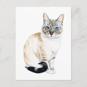 Lynx Point Siamese Katt Handmålad Akvarell Vykort