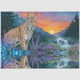 Lynx vid soluppgång med vattenfall