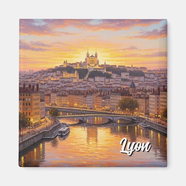 Lyon Frankrike Basilica Sunset Travel Magnet (Framsidan)