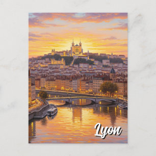 Lyon Frankrike Basilica Sunset Travel Vykort