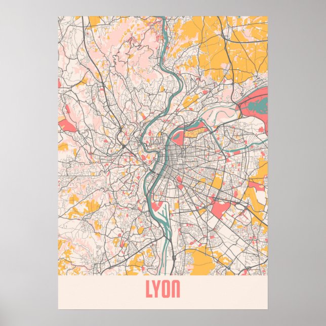 Lyon - Frankrike Chalk City Karta Poster (Framsidan)