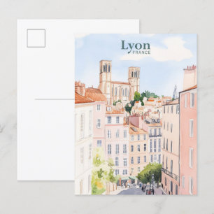Lyon Frankrike Gouache Paint Illustration Travel Vykort