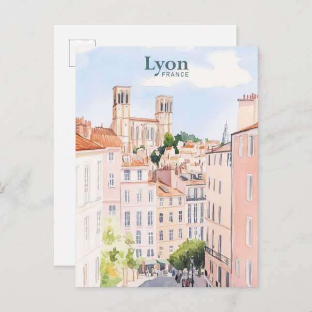 Lyon Frankrike Gouache Paint Illustration Travel Vykort (Fram/baksida)