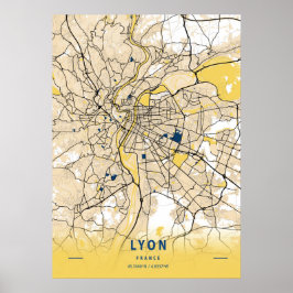 Lyon - Frankrike Gult City Karta Poster