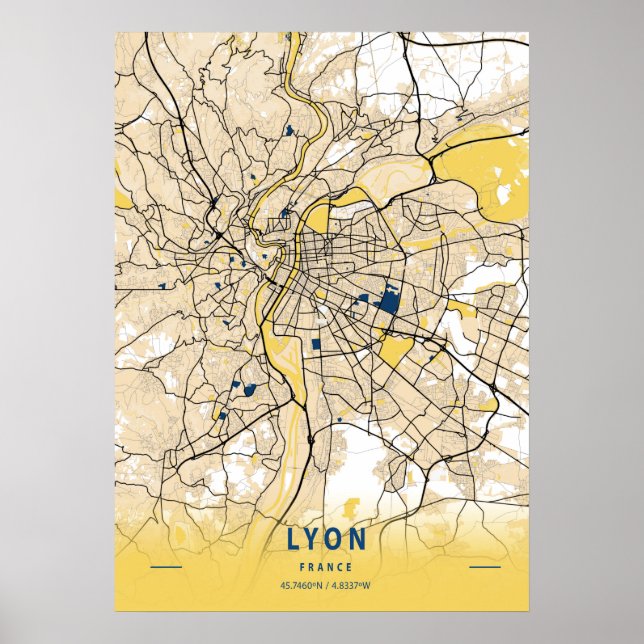 Lyon - Frankrike Gult City Karta Poster (Framsidan)