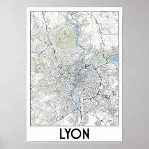 Lyon, Frankrike karta Poster
