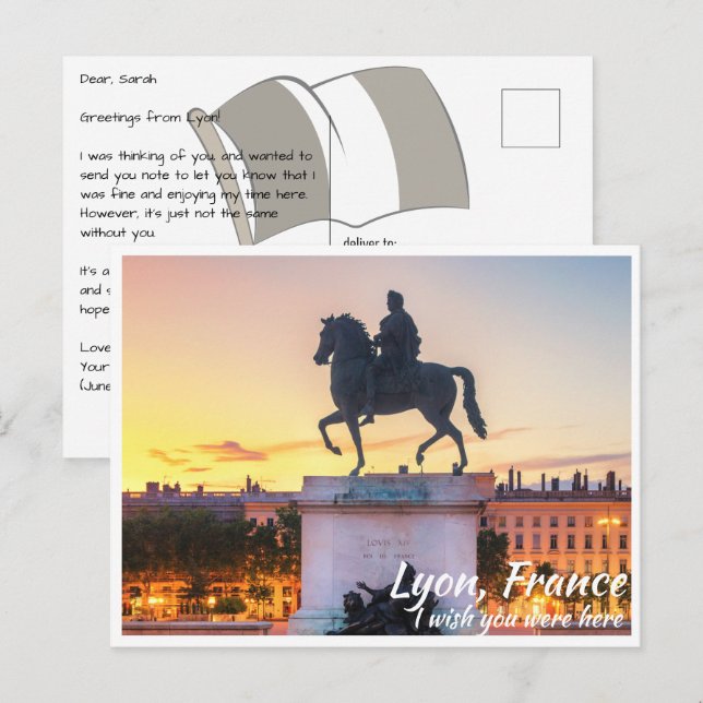 Lyon Frankrike med Statue Vykort (Fram/baksida)