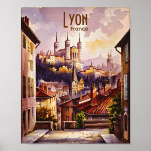 Lyon Frankrike Resa Vintage Vattenfärg Stadspanora Poster