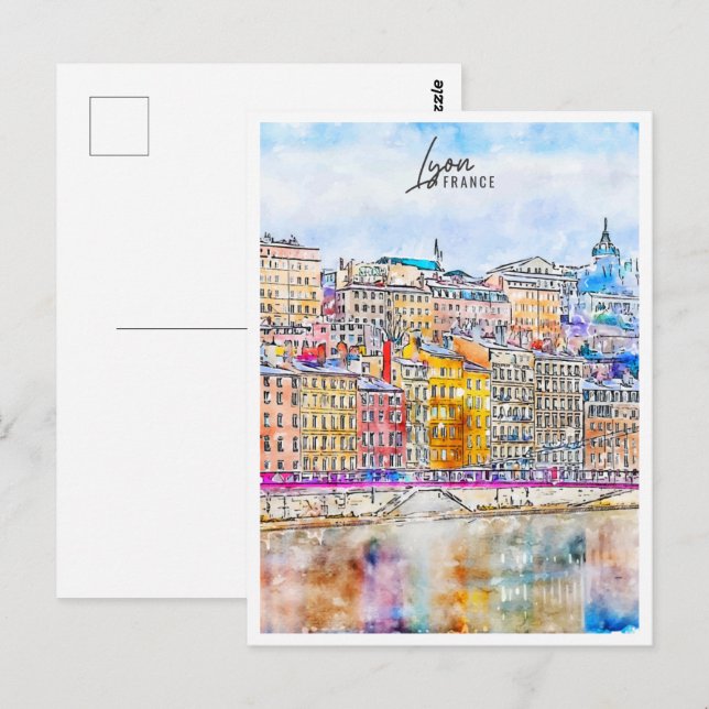 Lyon Frankrike Travel Ställe Watercolor Vykort (Fram/baksida)