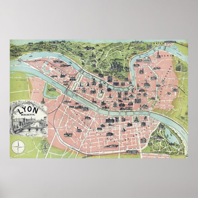 Lyon Monumental Karta Garnier Freres Paris 1894 Poster (Framsidan)