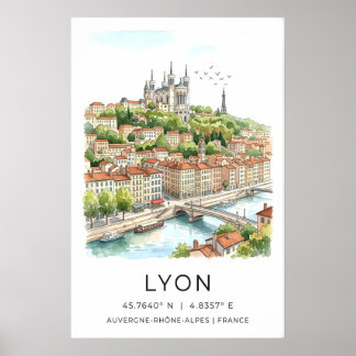 Lyon Stad Tryck Vattenfärg Siluett och Sten