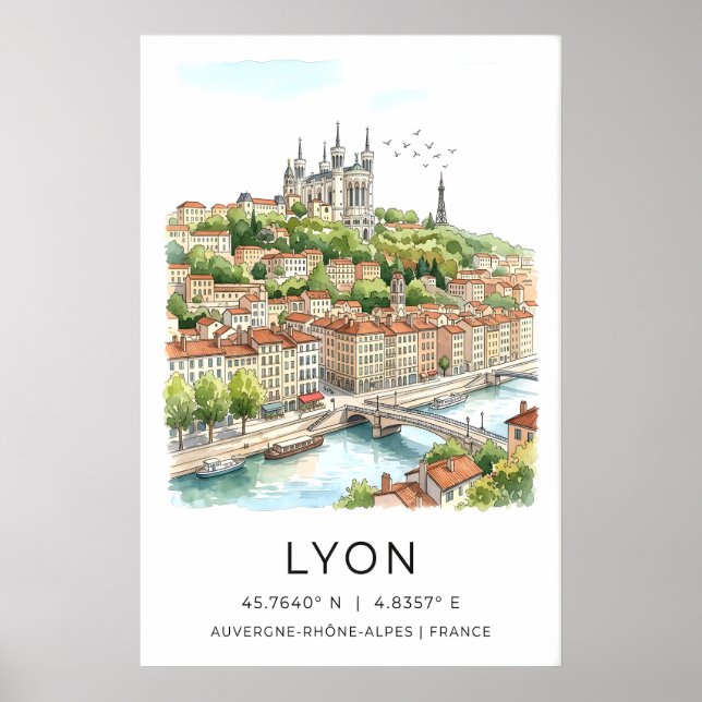 Lyon Stad Tryck Vattenfärg Siluett och Sten (Framsidan)