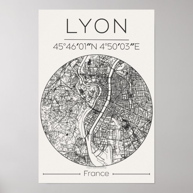 Lyon Stadskarta Affisch – Minimalistisk Kolväggsko (Framsidan)