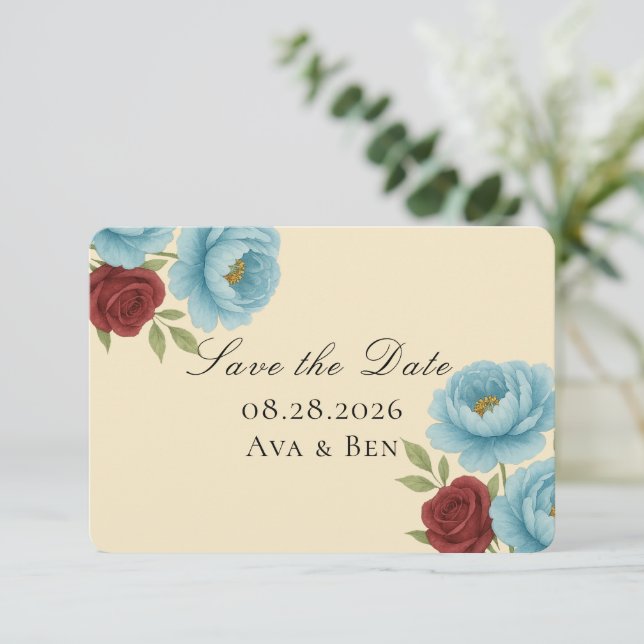 Lyons Blue Peony & Röd ros Spara datumet (Stående Fram)