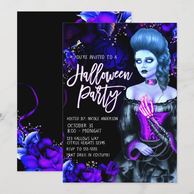 Lysande död flicka lila rosor Halloween-fest Inbjudningar (Fram/baksida)