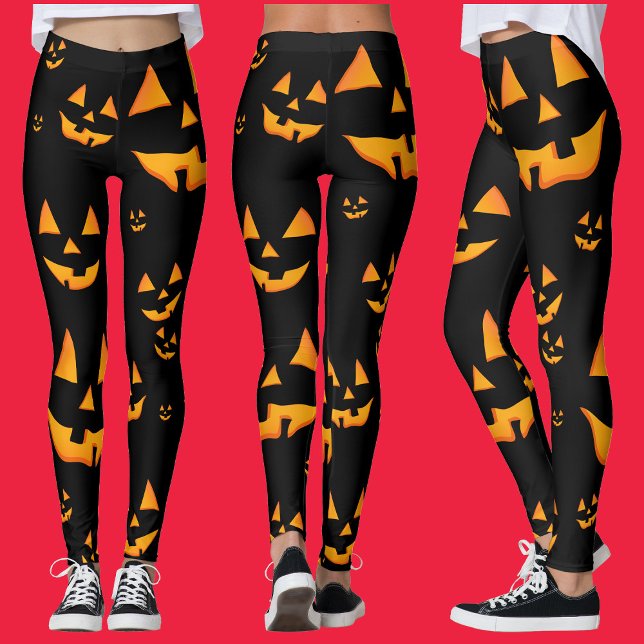 Lysande Jack-O-Lyktans Utsmyckning till Halloween Leggings (Glowing Jack-O-Lantern Faces Halloween Design. Leggings)