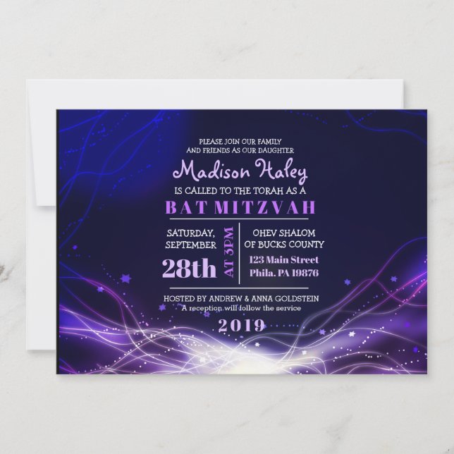 LYSANDE NEONSTJÄRNOR Bat Mitzvah-inbjudan Lila Inbjudningar (Framsida)