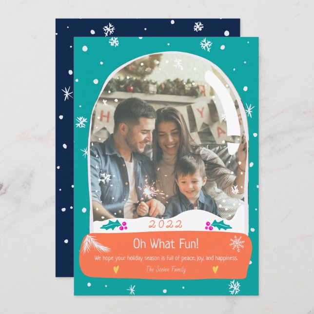 lysande Oh What roligt Photo snö globe illustratio Julkort (Fram/baksida)